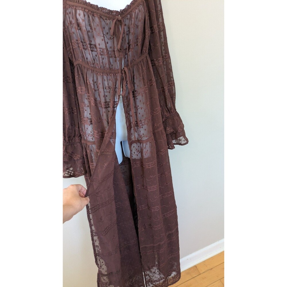 Altard State Sheer Maxi Duster Tie Front Dress M Embroidered Fairy Grunge Brown - Picture 2 of 15